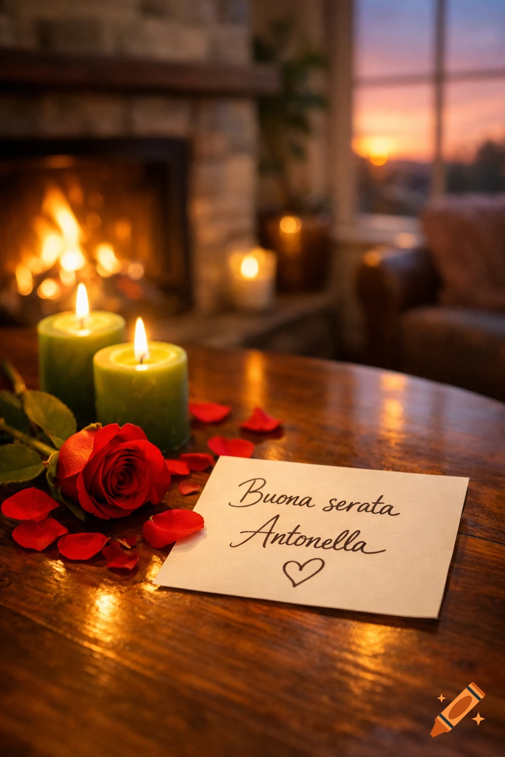 Romantic scene: lit green candles, red rose, petals, and a note on a wooden table. Blurred fireplace and sunset.