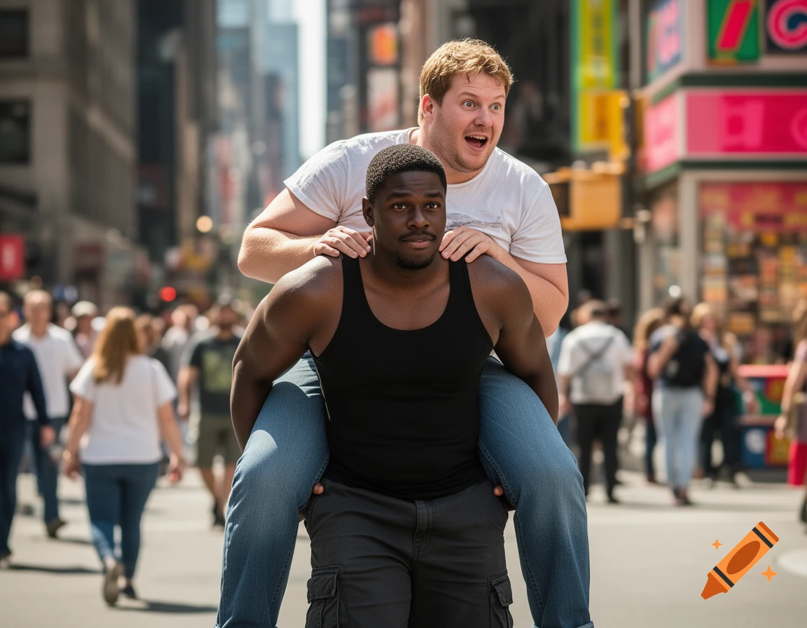A Black man gives an overweight Caucasian man a piggyback ride on a busy city street.