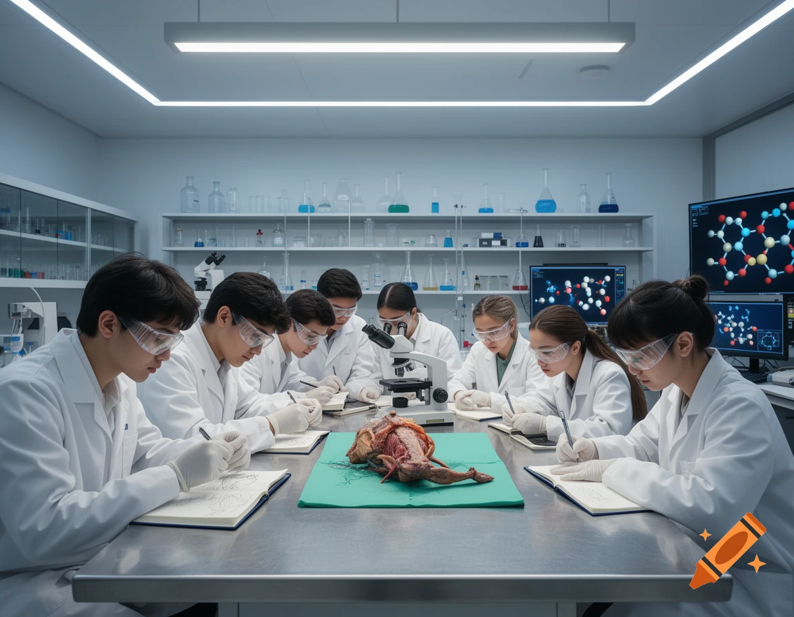A diverse group of students in lab coats and safety glasses dissect an animal specimen in a brightly lit science lab, writing notes.