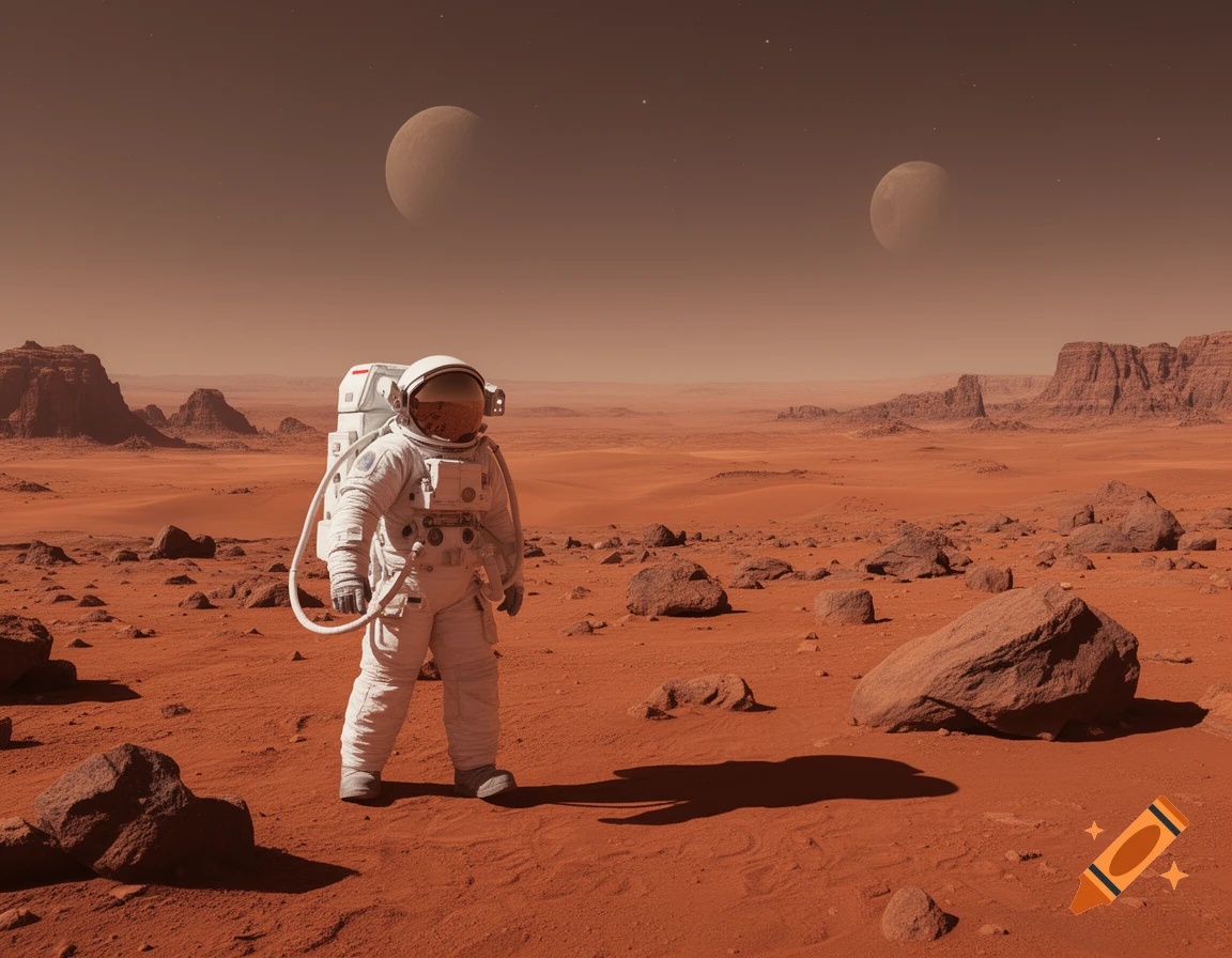 An astronaut in a white spacesuit stands on the rocky, red surface of Mars, with two moons in the orange-brown sky and distant mesas.