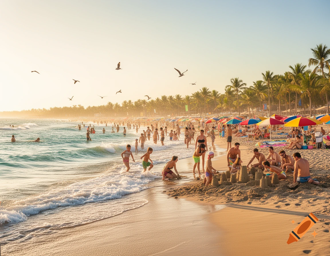 A crowded beach at sunset with many people swimming in the ocean, playing in the sand, building sandcastles, and relaxing under colorful umbrellas, with palm trees lining the shore.