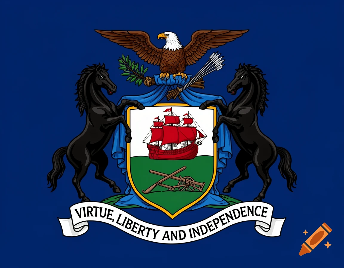 Pennsylvania state flag, dark blue with central coat of arms: two black horses, an eagle, a ship, and 'VIRTUE, LIBERTY AND INDEPENDENCE' motto.