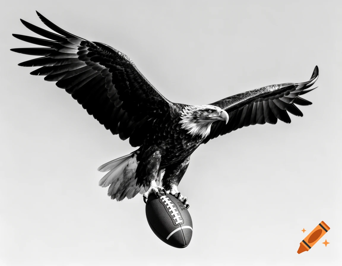 A monochrome bald eagle in flight, grasping an American football in its talons against a light background.