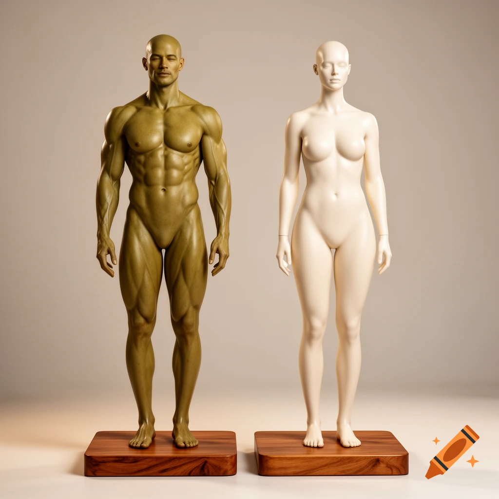Two full-body anatomical models, one muscular male in green and one smooth female in light cream, standing on wooden bases.