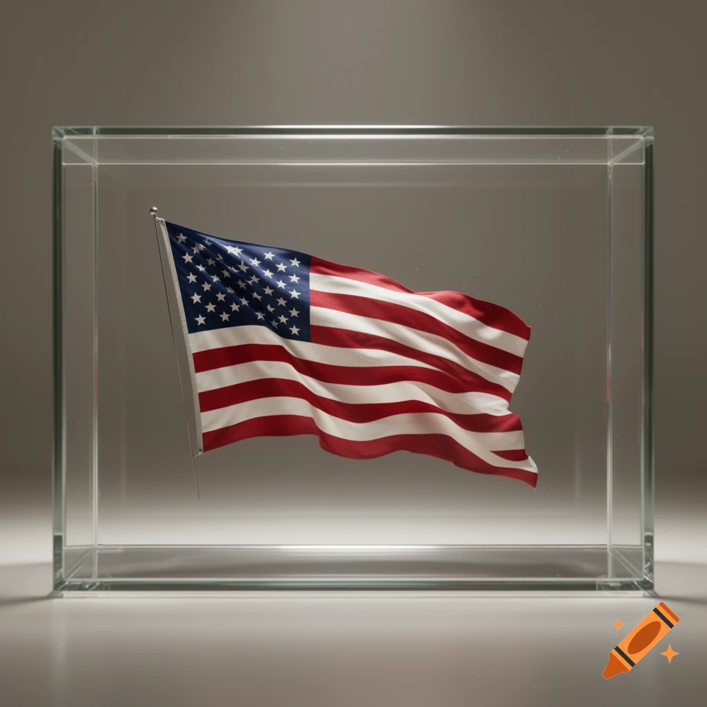 A photorealistic United States flag floating inside a clear glass display box.