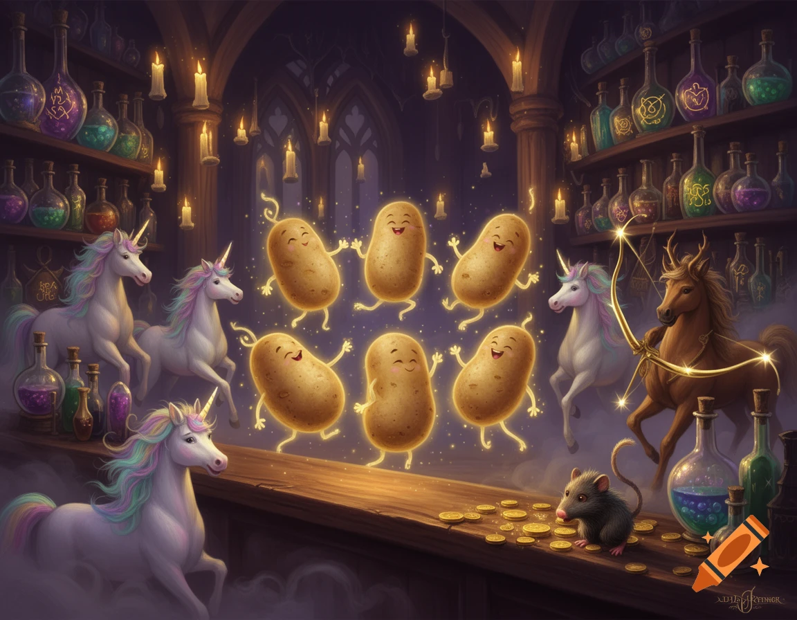 Dancing, glowing potatoes with happy faces float above a wooden bar filled with gold coins, a mouse, and potion bottles, surrounded by unicorns and a horse in a magical, candle-lit bar.