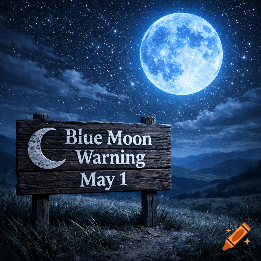 A majestic blue full moon glows in a starry night sky over rolling mountains, illuminating a wooden sign that reads 'Blue Moon Warning May 1' on a grassy hill.