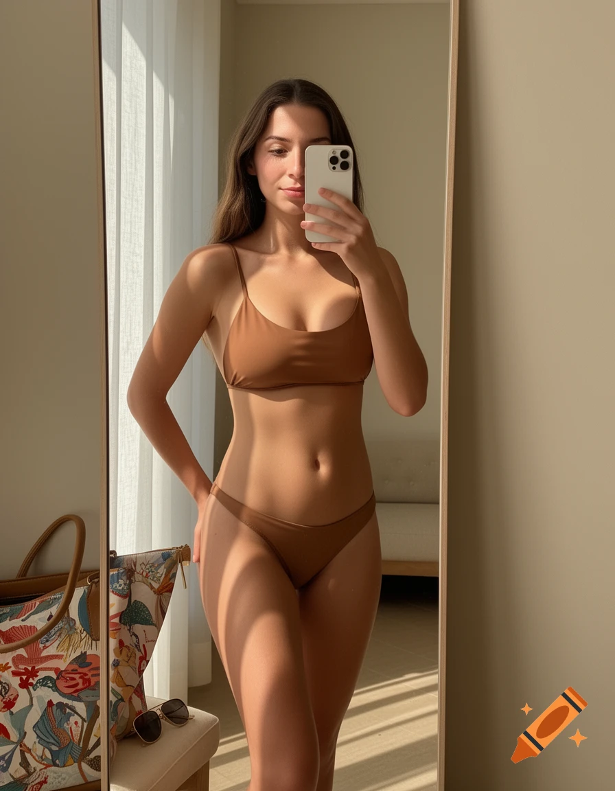 Photorealistic mirror selfie of a young woman in a brown two-piece swimsuit, holding a phone, with a beach bag.