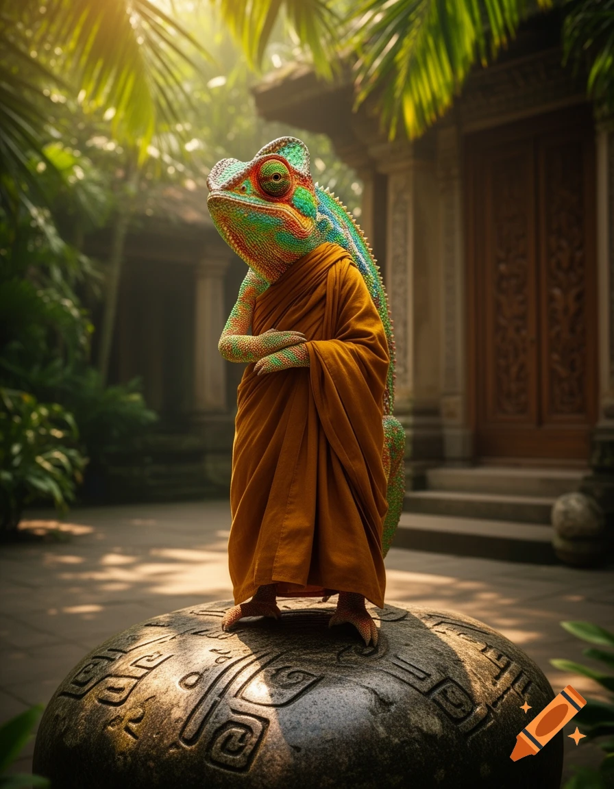 A vibrant chameleon in orange monk robes stands on a carved stone in a sunlit jungle temple, photorealistic.