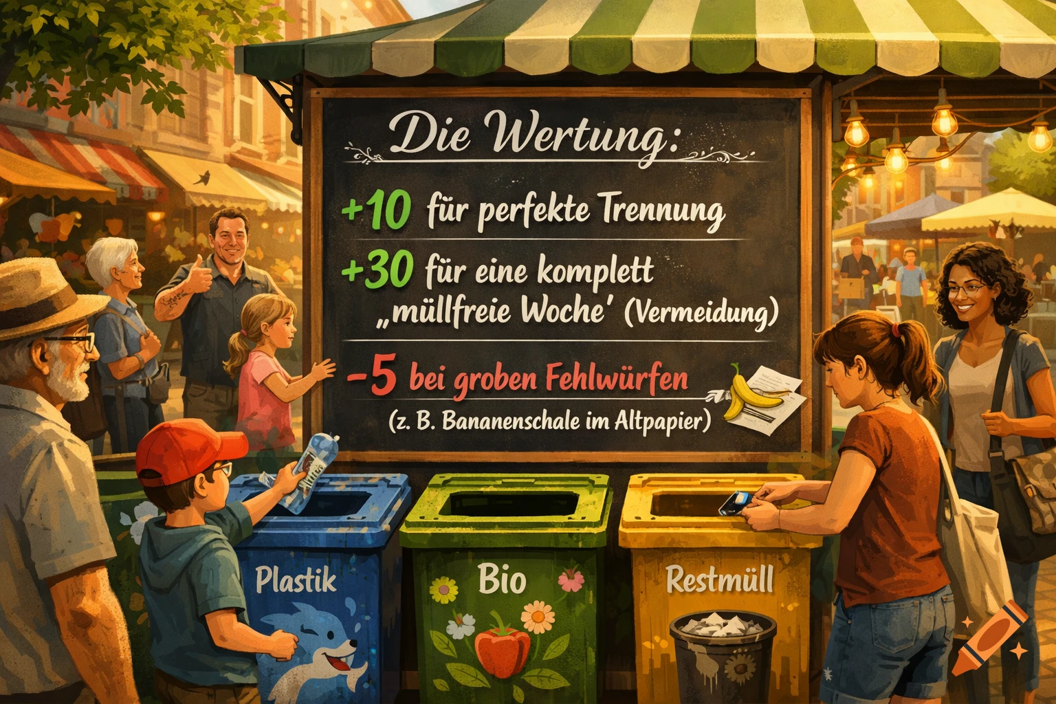 An outdoor illustration of people recycling waste into color-coded bins, with a large chalkboard sign detailing a point system for proper waste separation.