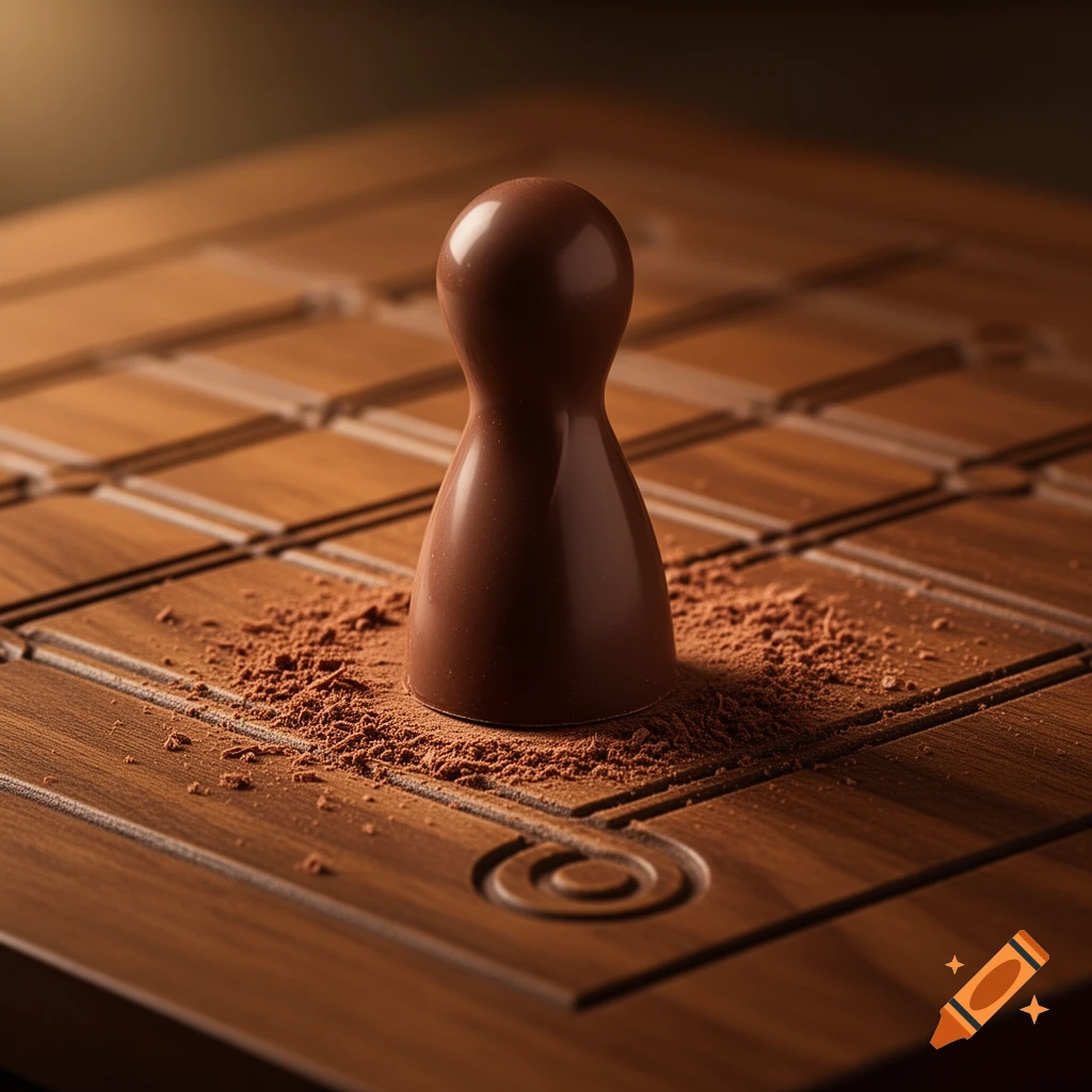 A photorealistic close-up of a glossy, brown chocolate game piece standing on a detailed wooden board dusted with cocoa powder.
