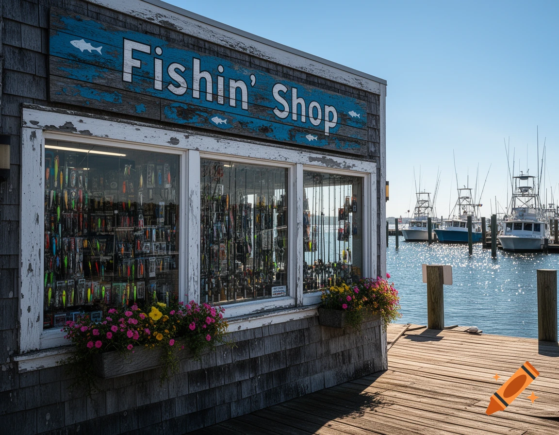 A rustic Fishin' Shop on a wooden dock with flower boxes, overlooking a marina full of fishing boats on a sunny day.