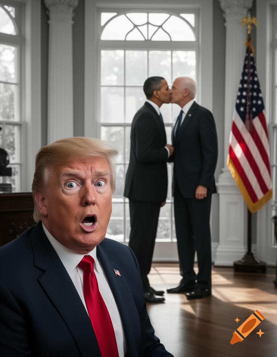 Photorealistic image of Donald Trump looking shocked with an open mouth, while Barack Obama and Joe Biden kiss in the background of an office.