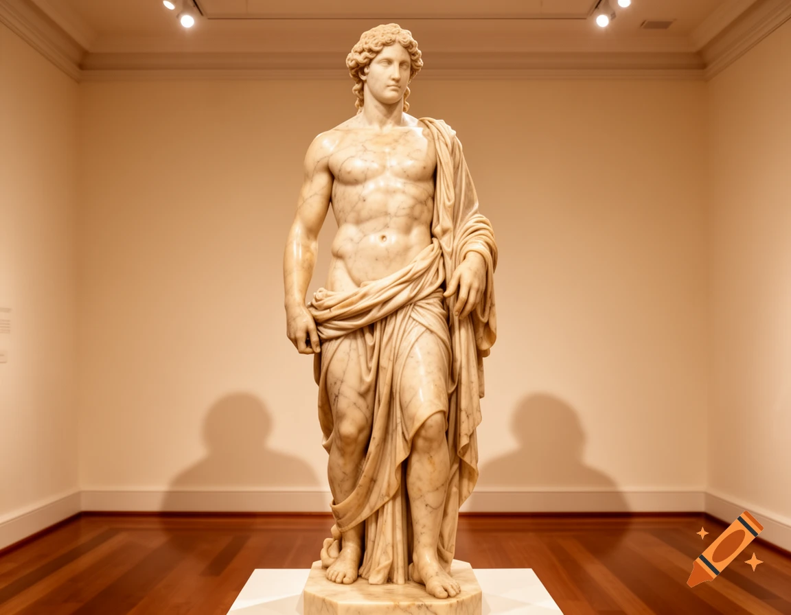 Photorealistic marble sculpture of a classical male figure draped in cloth, standing in a museum gallery.