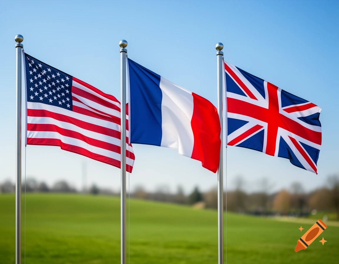 Flags of the United States, France, and the United Kingdom flying on poles under a clear blue sky above a green field.