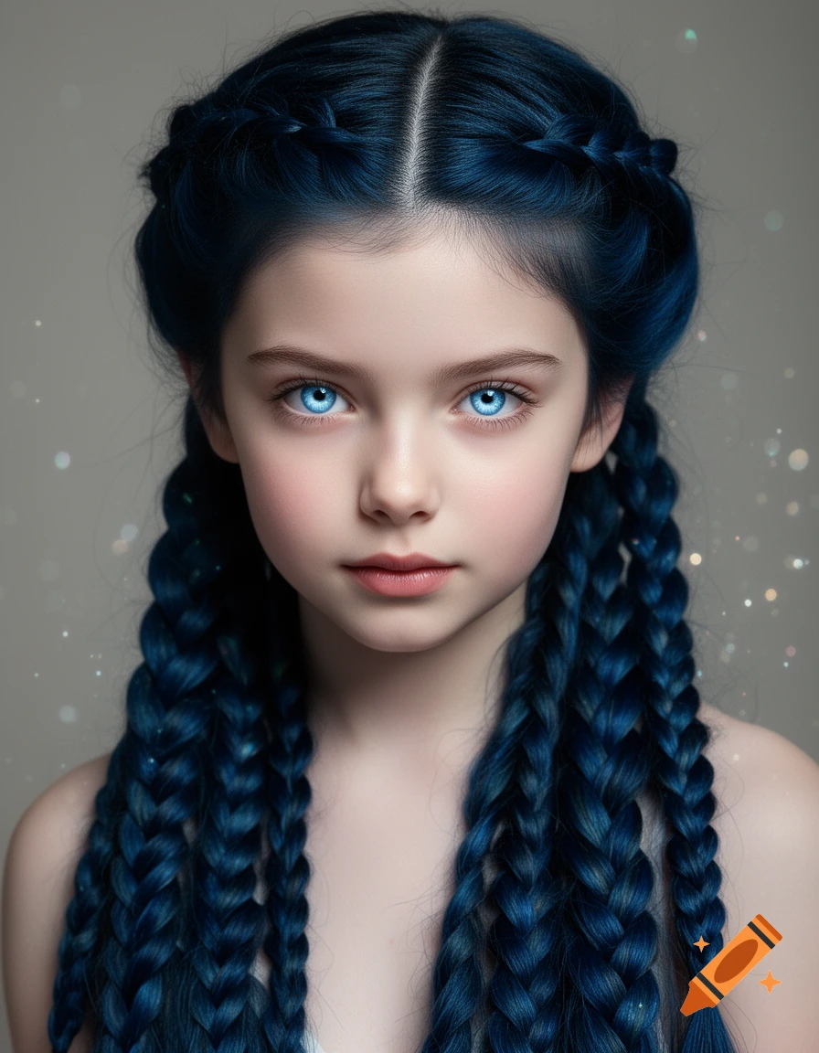Photorealistic portrait of a young girl with dark blue braided hair and striking icy blue eyes, looking forward.