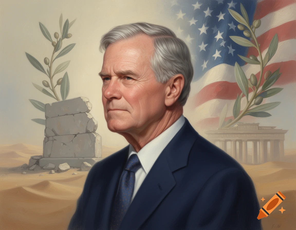 Painterly portrait of George H. W. Bush against an American flag, olive branches, and desert ruins.