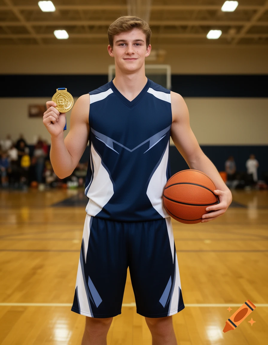 A young male basketball player in a navy and white uniform stands on a court, holding a gold medal and a basketball. Photorealistic.