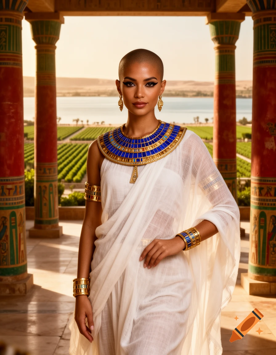 A bald ancient Egyptian princess in a sheer white robe, lapis and gold jewelry, and kohl eye makeup, stands in a palace courtyard with decorated columns, fields, and a river.