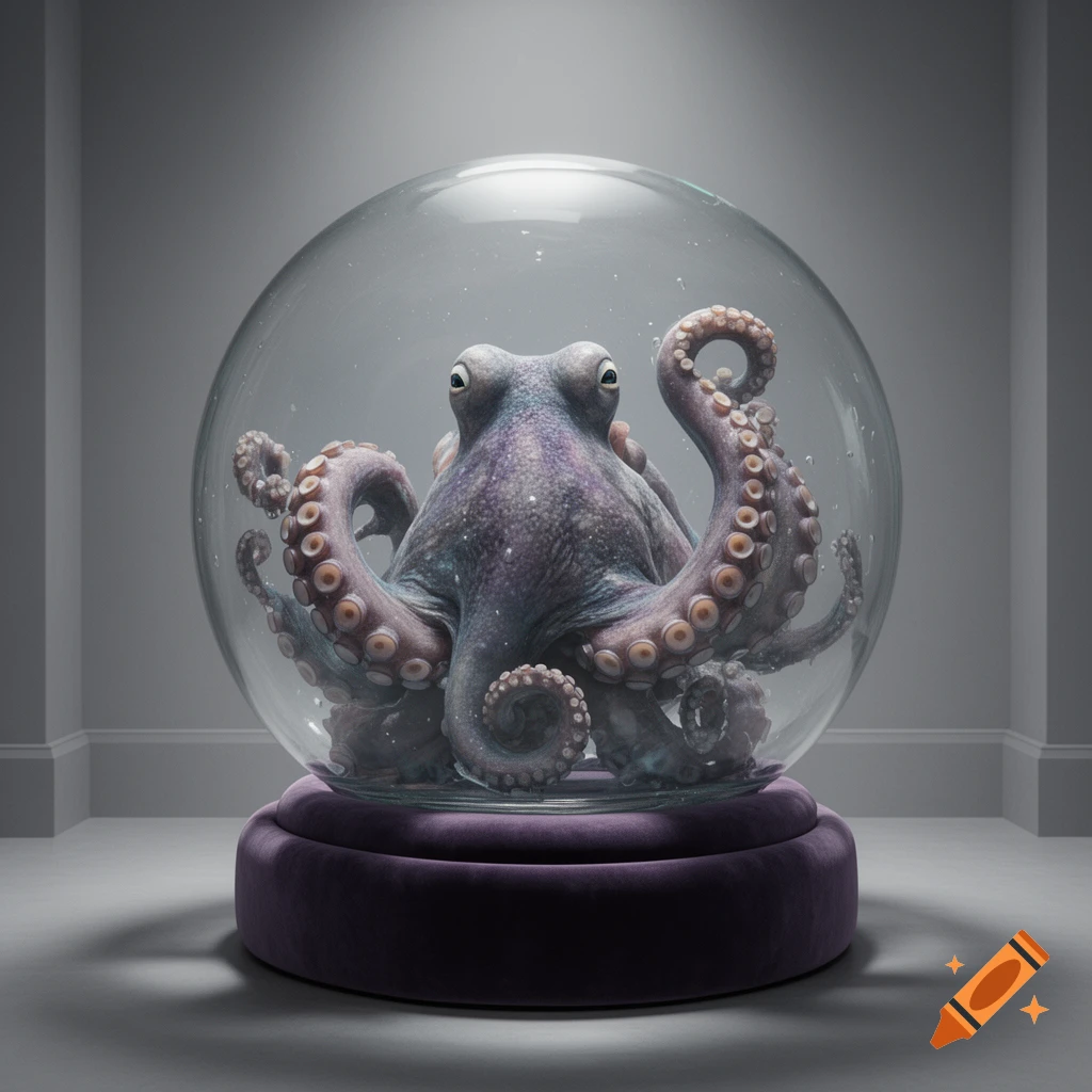 Photorealistic image of a purple and grey octopus with tentacles curled inside a clear glass ball on a velvet cushion.