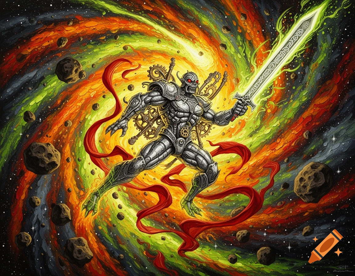 A steampunk superhero monster with a glowing green magic sword floats in a psychedelic cosmic space with swirling colors, asteroids, and a red ribbon.