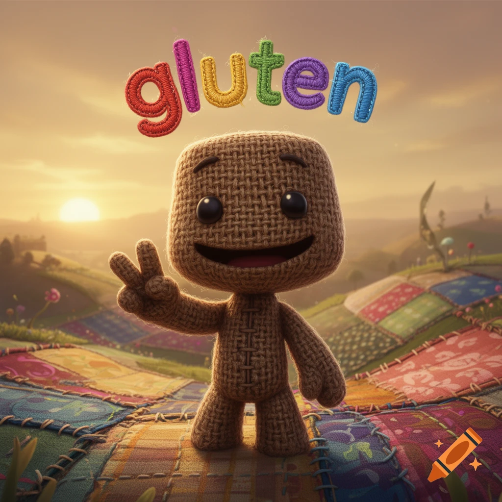 A cute Sackboy-like character with a knitted texture makes a peace sign in a colorful patchwork field at sunset, with the word 'gluten' above.