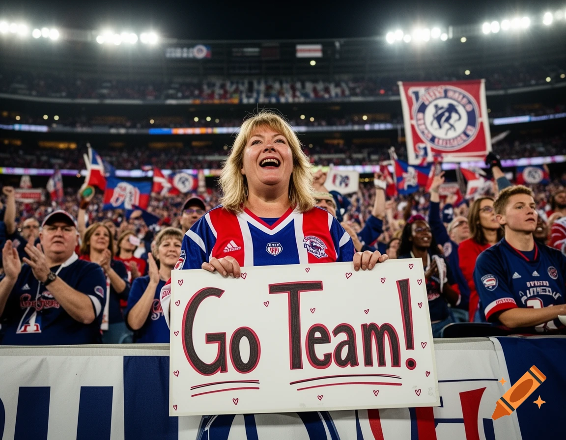 A smiling woman in a sports jersey holds a "Go Team!" sign, cheering enthusiastically in a packed stadium.