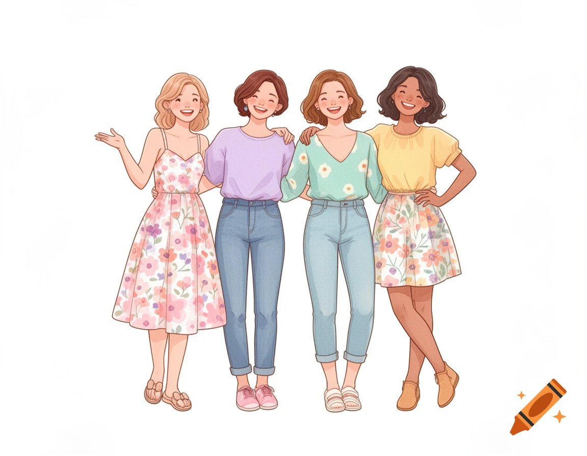 Four smiling women in casual, floral outfits stand together in a cute cartoon illustration on a white background.
