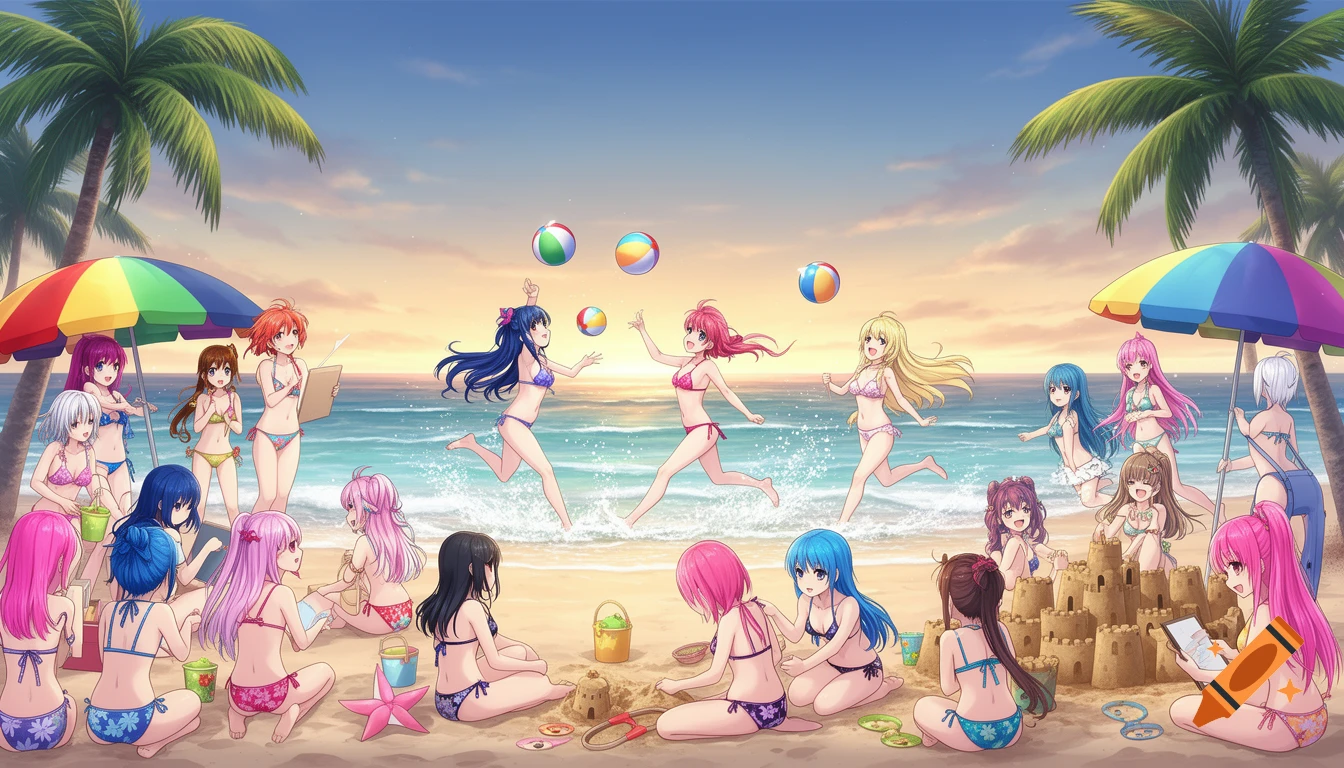 A large group of anime girls in bikinis enjoy a sunny beach day, playing in the water, building sandcastles, and relaxing under palm trees and colorful umbrellas.