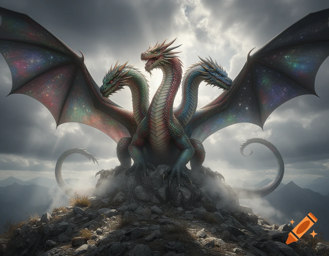 A majestic three-headed dragon with colorful, starry wings perches on a rocky mountain peak amidst mist, under a dramatic cloudy sky.