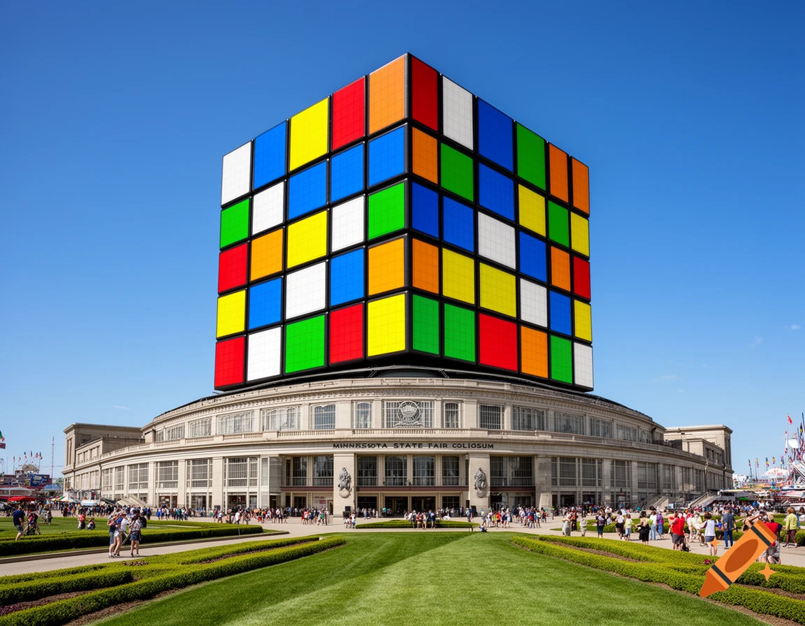A large building resembling the Minnesota State Fair Coliseum with a giant Rubik's cube on its roof under a clear blue sky.
