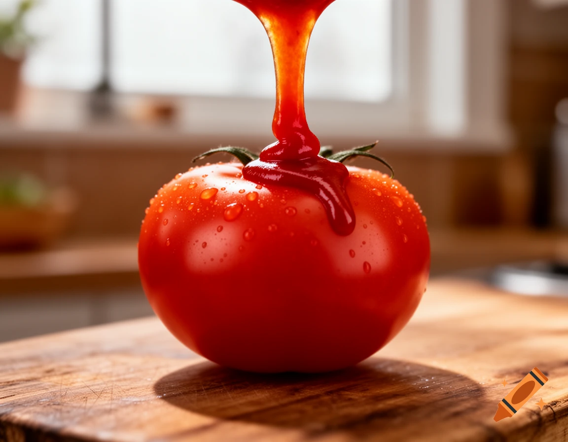 Ketchup pours onto a fresh, red tomato covered in water droplets, resting on a wooden cutting board in a kitchen.