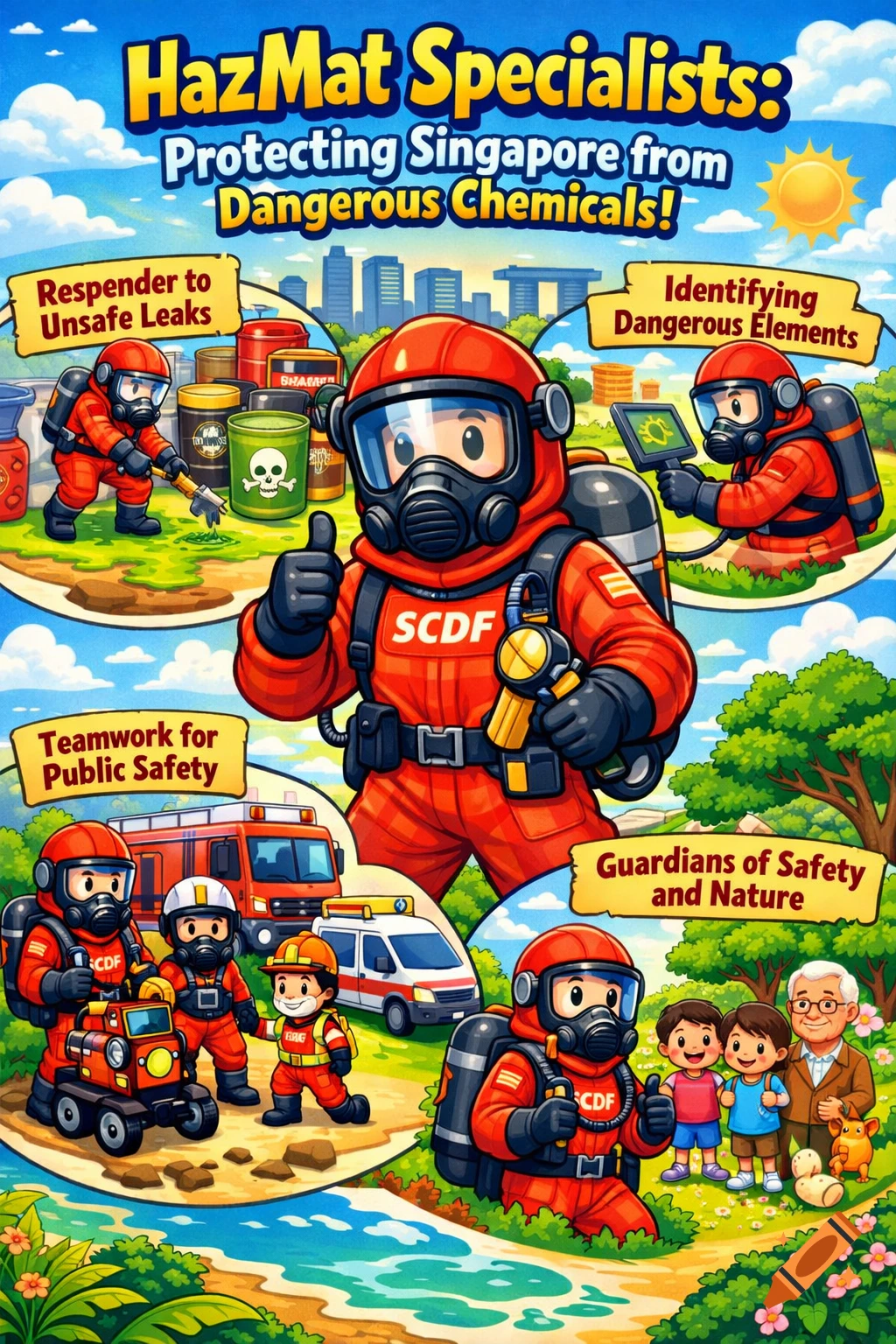 Colorful cartoon poster about HazMat Specialists from the Singapore Civil Defence Force, showing them responding to leaks, identifying elements, teamwork, and protecting nature.