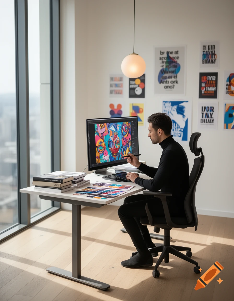 A graphic designer in a black turtleneck works on a colorful digital illustration at a desk in a modern office with large windows.