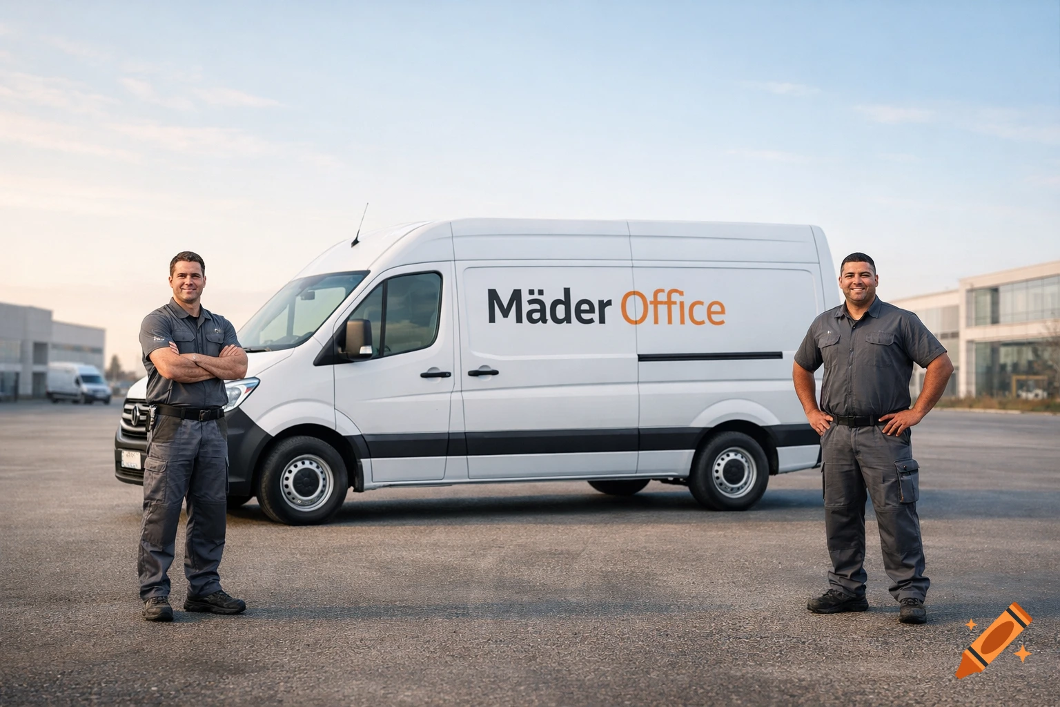 Two smiling male workers in grey uniforms stand in front of a white "Mäder Office" delivery van in a parking lot.