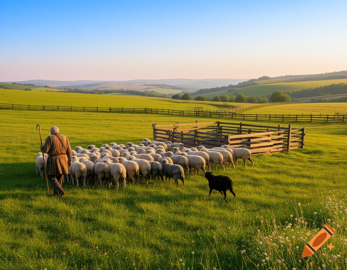 A shepherd with a staff leads a flock of sheep towards a wooden pen in a green, sunlit field, while a black sheep strays away.