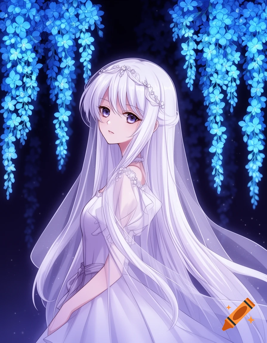 Anime girl with long white hair in a white dress and veil, surrounded by glowing blue wisteria-like flowers in a dark, aesthetic setting.