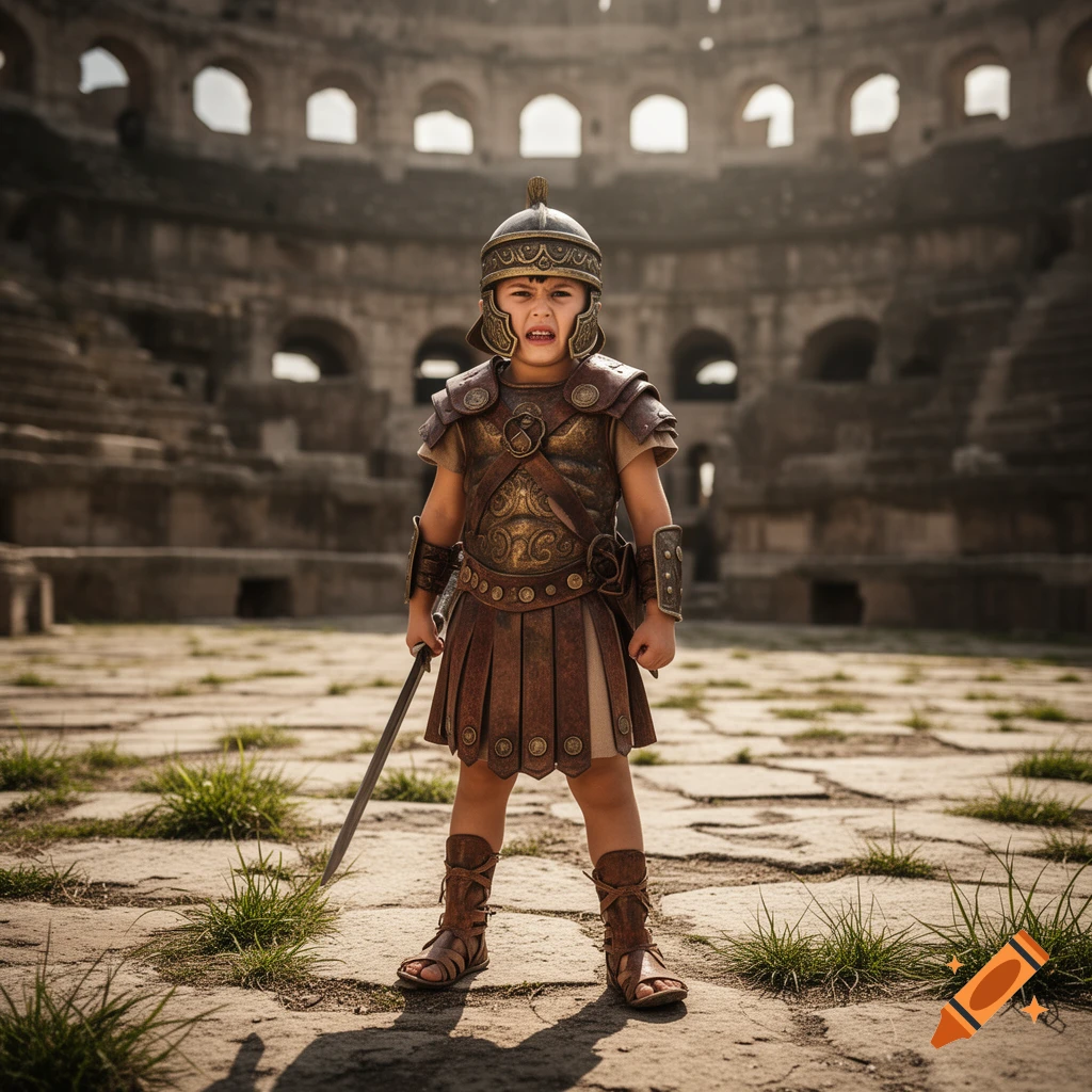 A child gladiator with a distressed expression holds a sword in a ruined stone amphitheater.