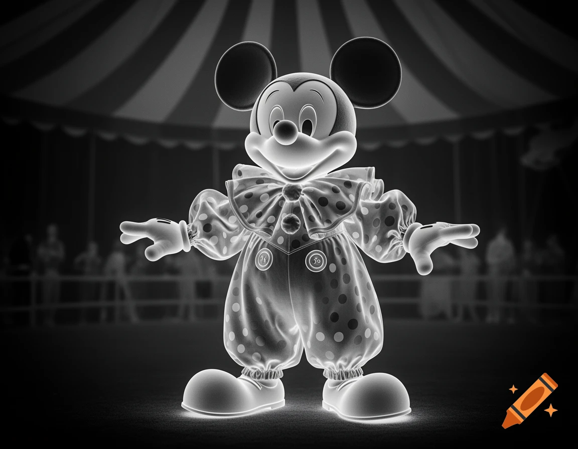 Black and white photo negative of Mickey Mouse in a polka-dotted clown suit, standing in a circus tent.