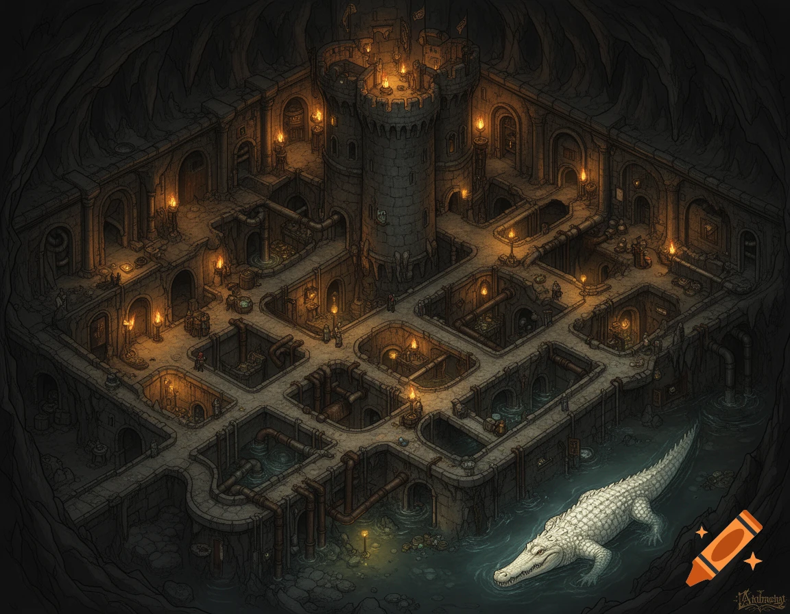 Detailed isometric view of a dark medieval sewer system or underground dungeon with a large white alligator in murky water, lit by torches.