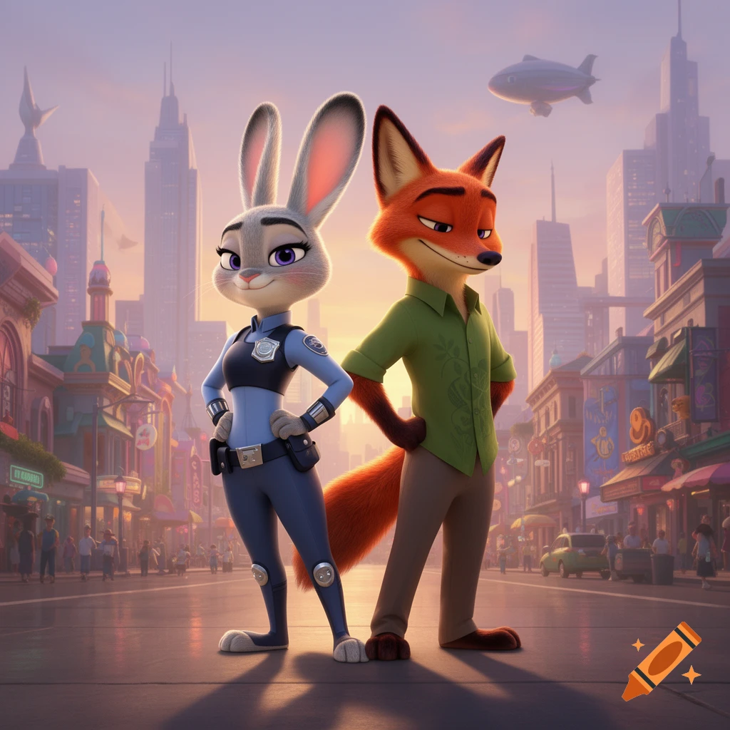 Judy Hopps in police uniform and Nick Wilde in a green shirt stand in a ...