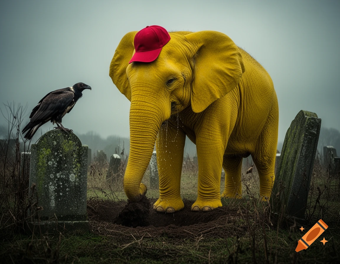 A yellow elephant wearing a red baseball cap digs a grave in a misty cemetery, watched by a raven perched on a gravestone.
