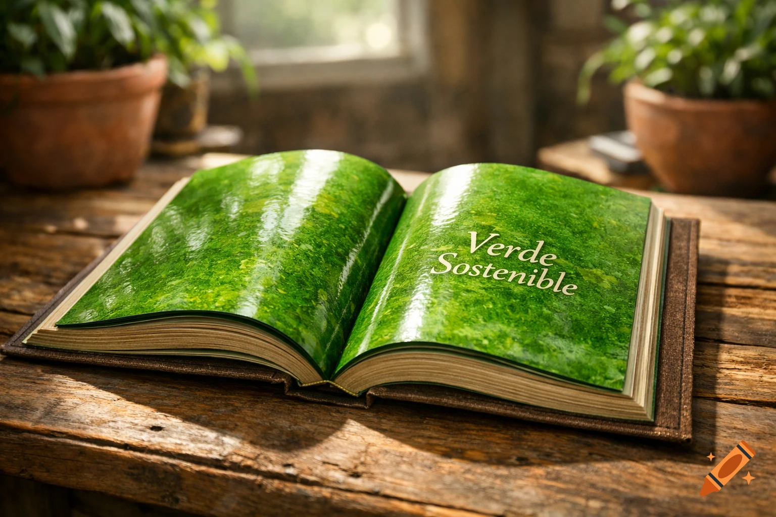 An open book with vibrant green pages, displaying the words 'Verde Sostenible', rests on a rustic wooden table with potted plants in the background.