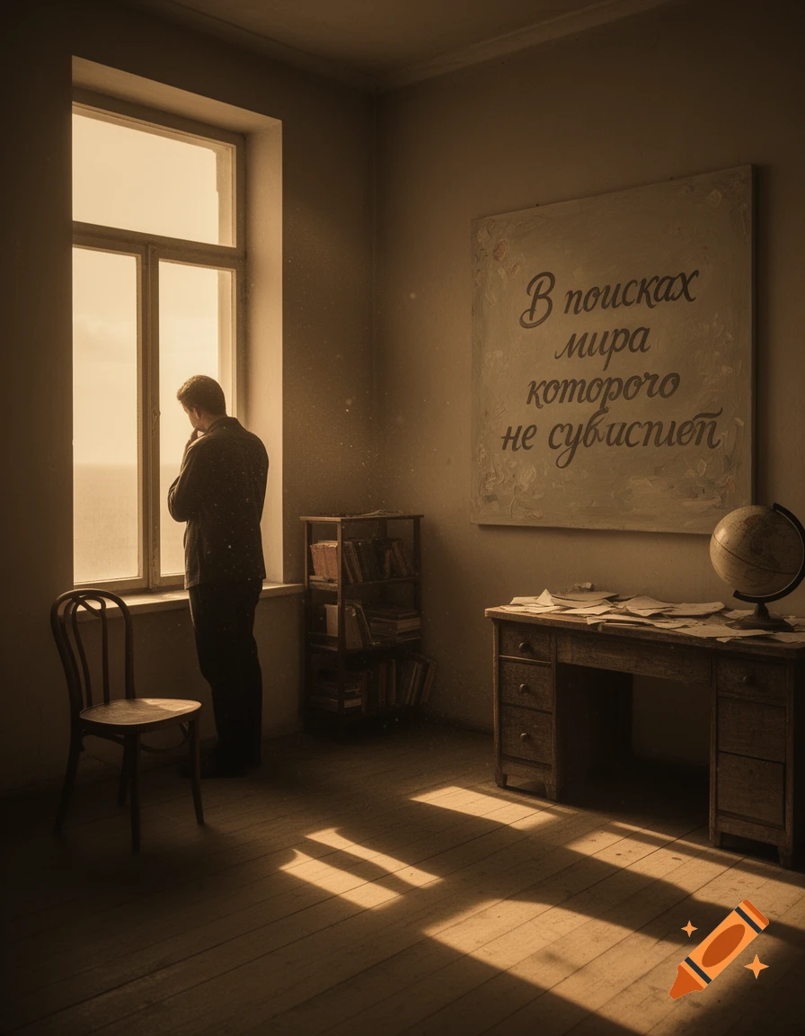 A man looks out a sunlit window in a dim room with wooden floors. A desk, bookshelf, and a sign with Russian text on the wall.