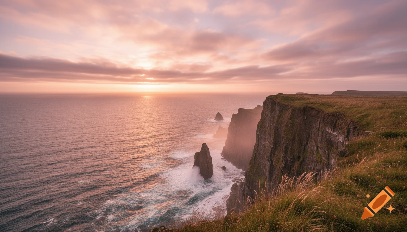 A dramatic view of tall sea cliffs overlooking a vast ocean under a pastel pink and orange sunset sky, with waves crashing against sea stacks.