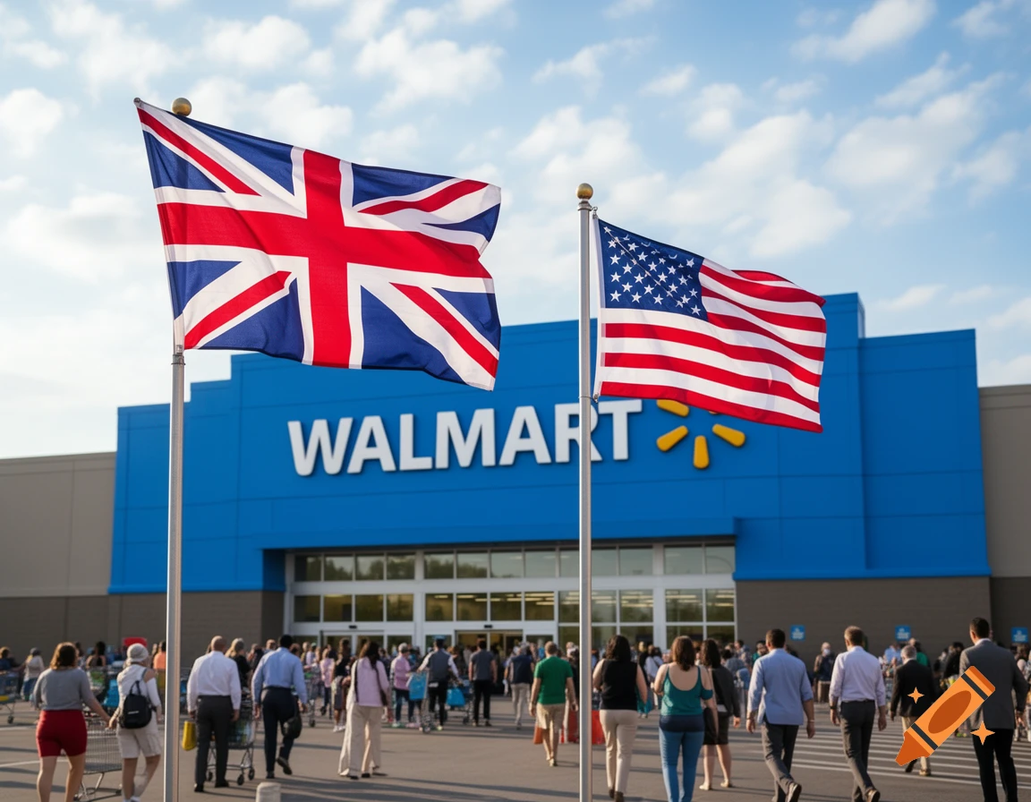 A large British flag and a smaller American flag fly in front of a blue Walmart store as people walk towards the entrance.