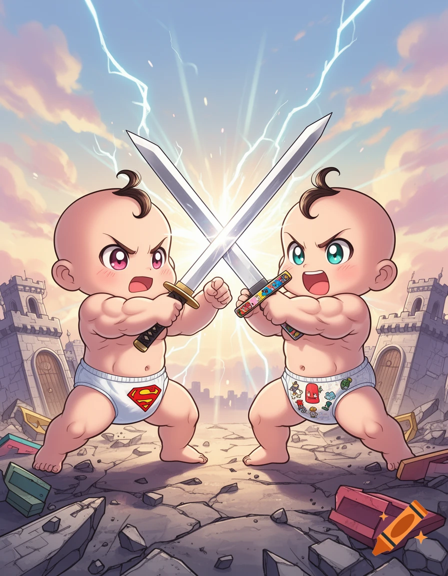 Anime-style illustration of two muscular babies in diapers sword fighting under a stormy sky with lightning.
