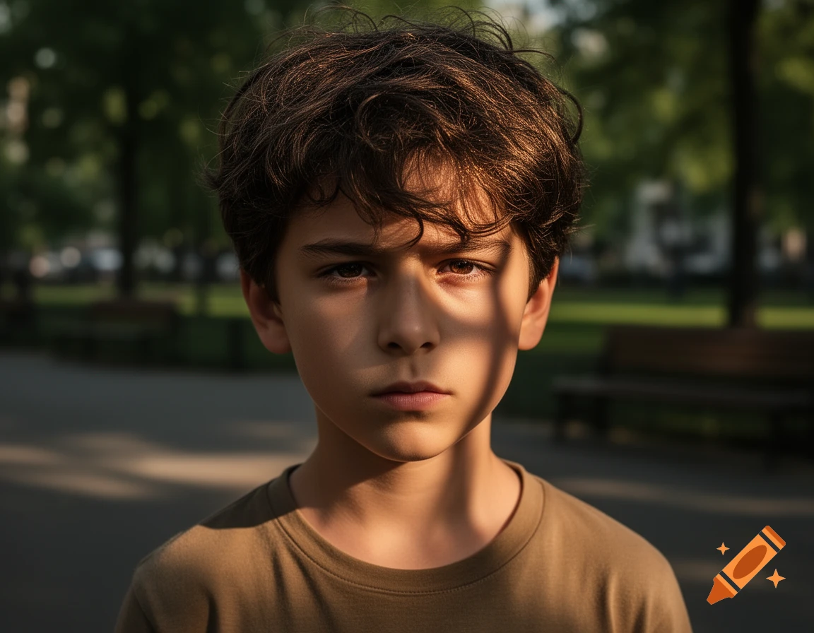 Photorealistic close-up portrait of a young boy with dark curly hair, sunlight and shadows on his face, in a park.