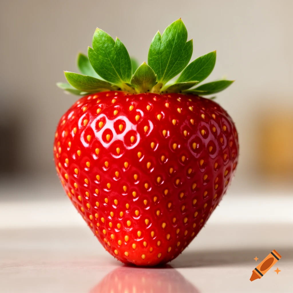 Close-up, photorealistic red strawberry with green leaves on a light reflective surface.