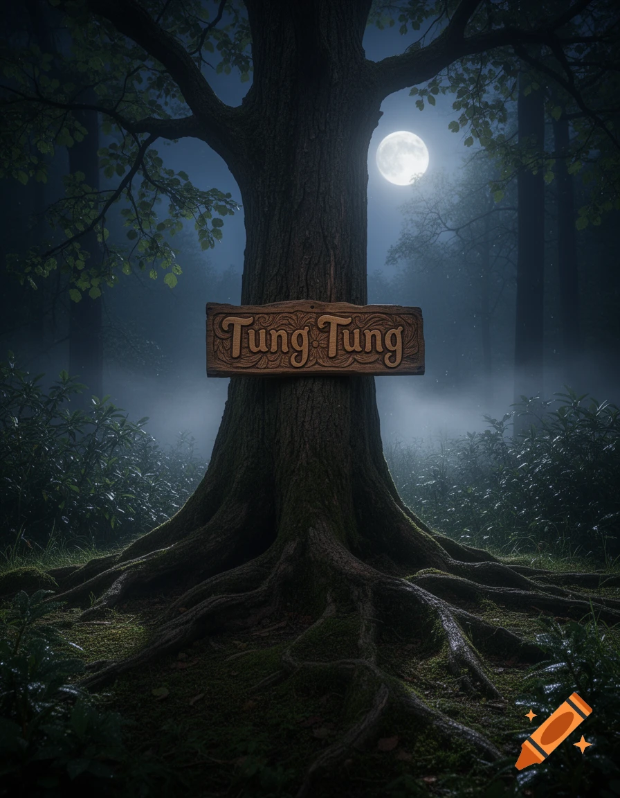 A large, ancient tree with exposed roots stands in a misty, dark forest under a full moon. A wooden sign reading 'Tung Tung' is affixed to its trunk.